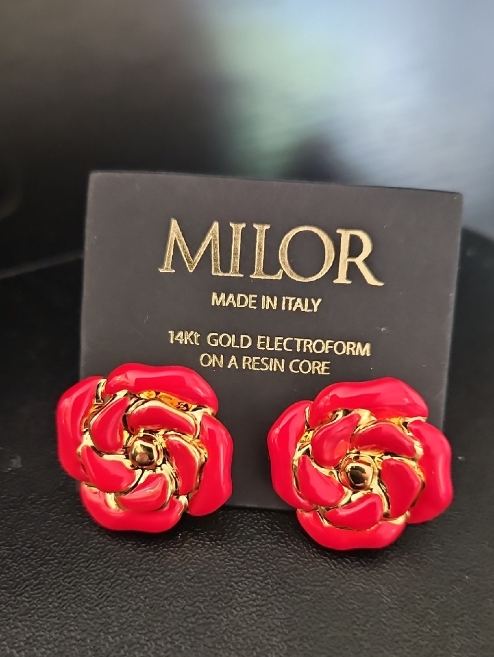 Milor Red and 14Kt Gold Floral Earrings